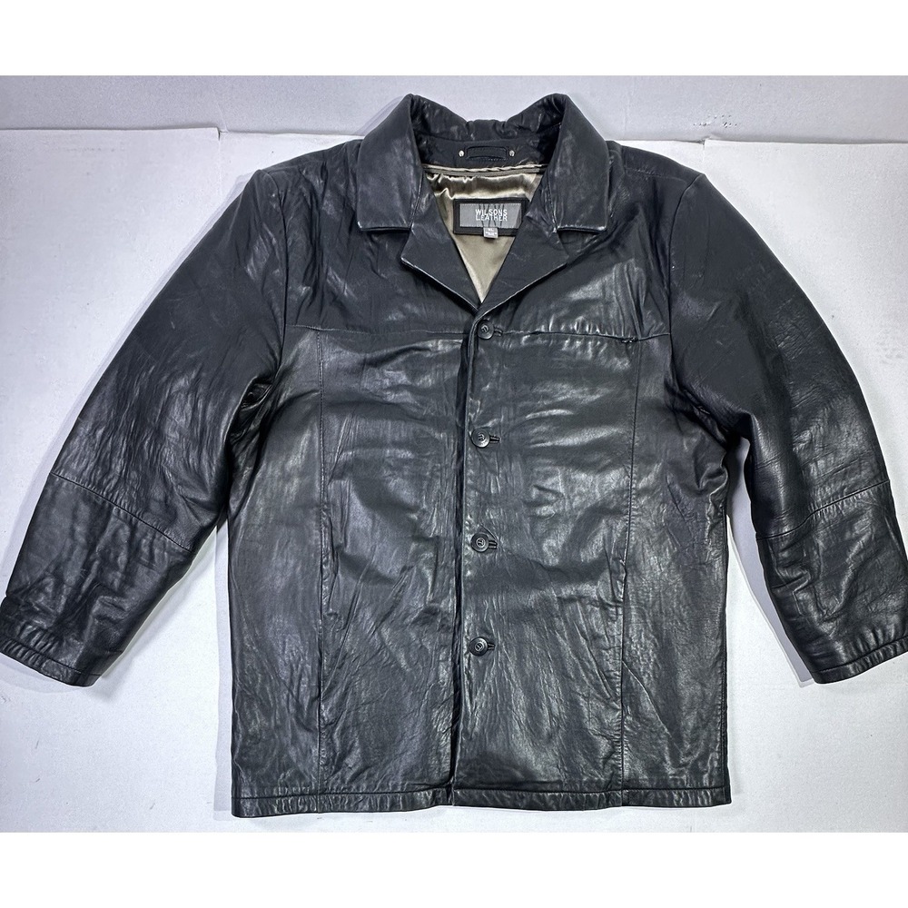 Wilsons Leather Jacket XL Black Button Front Coat‎ Satin Lined Classic Menswear